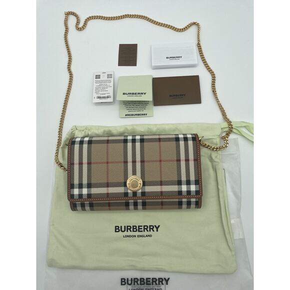 NEW! BURBERRY CHECK CHAIN WALLET CLUTCH CROSSBODY SHOULDER BAG PURSE NWT - Picture 7 of 15